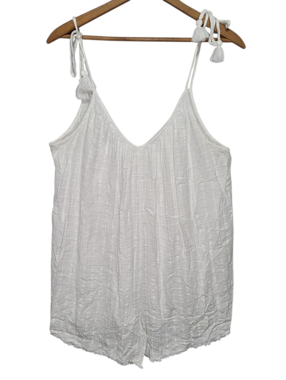Aerie White Linen Blend Romper XL Tassel Tie Swim Coverup Cottagecore Beachy